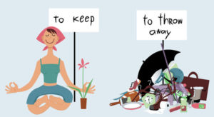 57991643 - happy woman sitting in meditation pose under "to keep" sign, next to a pile of clutter under "to throw away" sign, illustration